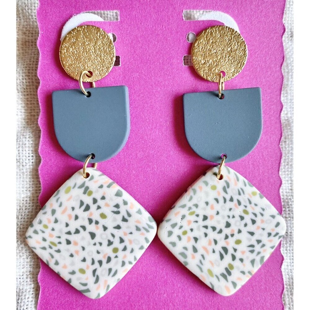 New Gray, Cream, Multicolor Dot Geometric Retro 80s Style Matte Earrings - 2.50"